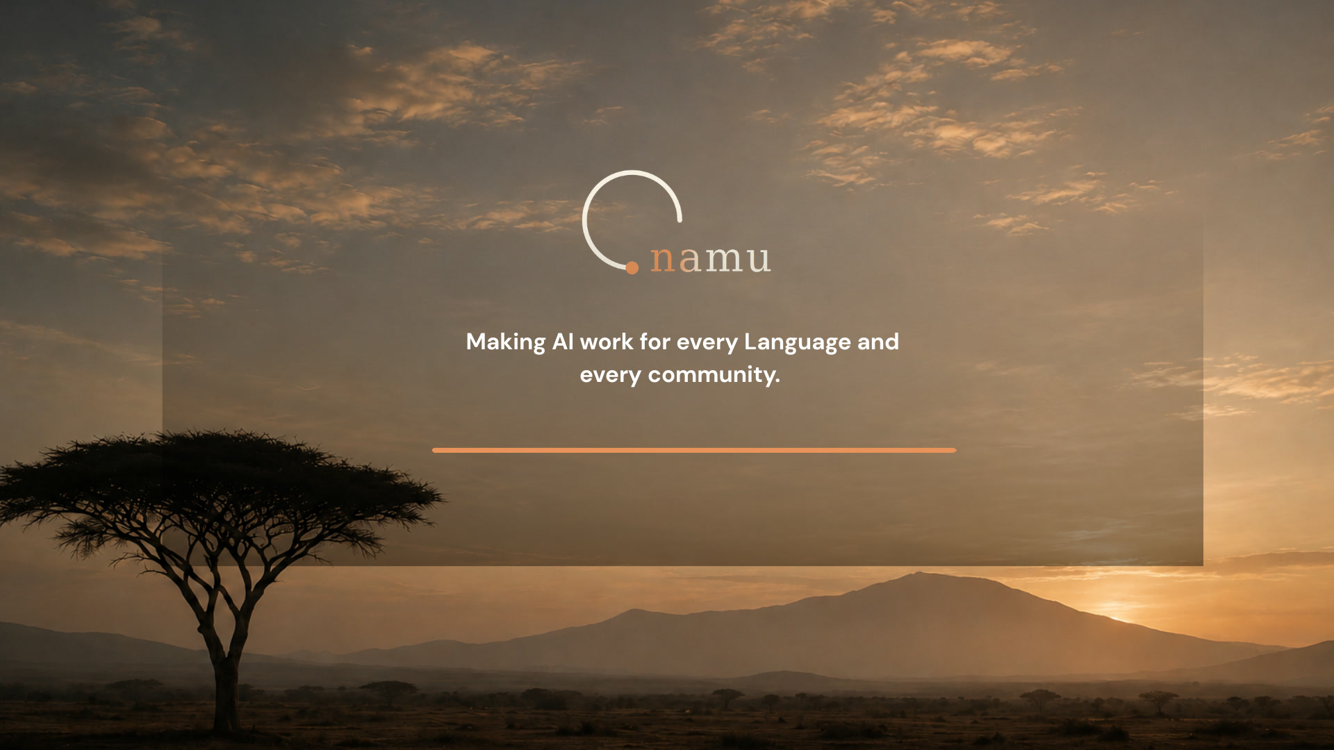 The Namu mark and the line “Making AI work for every language and every community” over an acacia and a mountain at sunset
