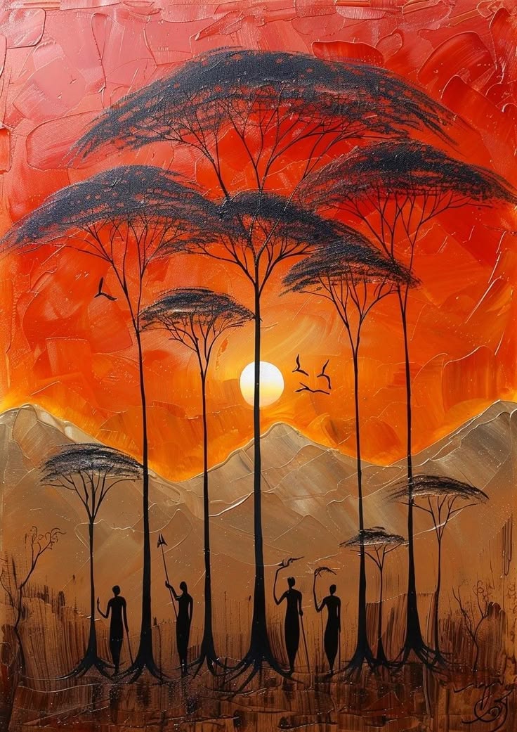 Painted acacia grove against a red sun