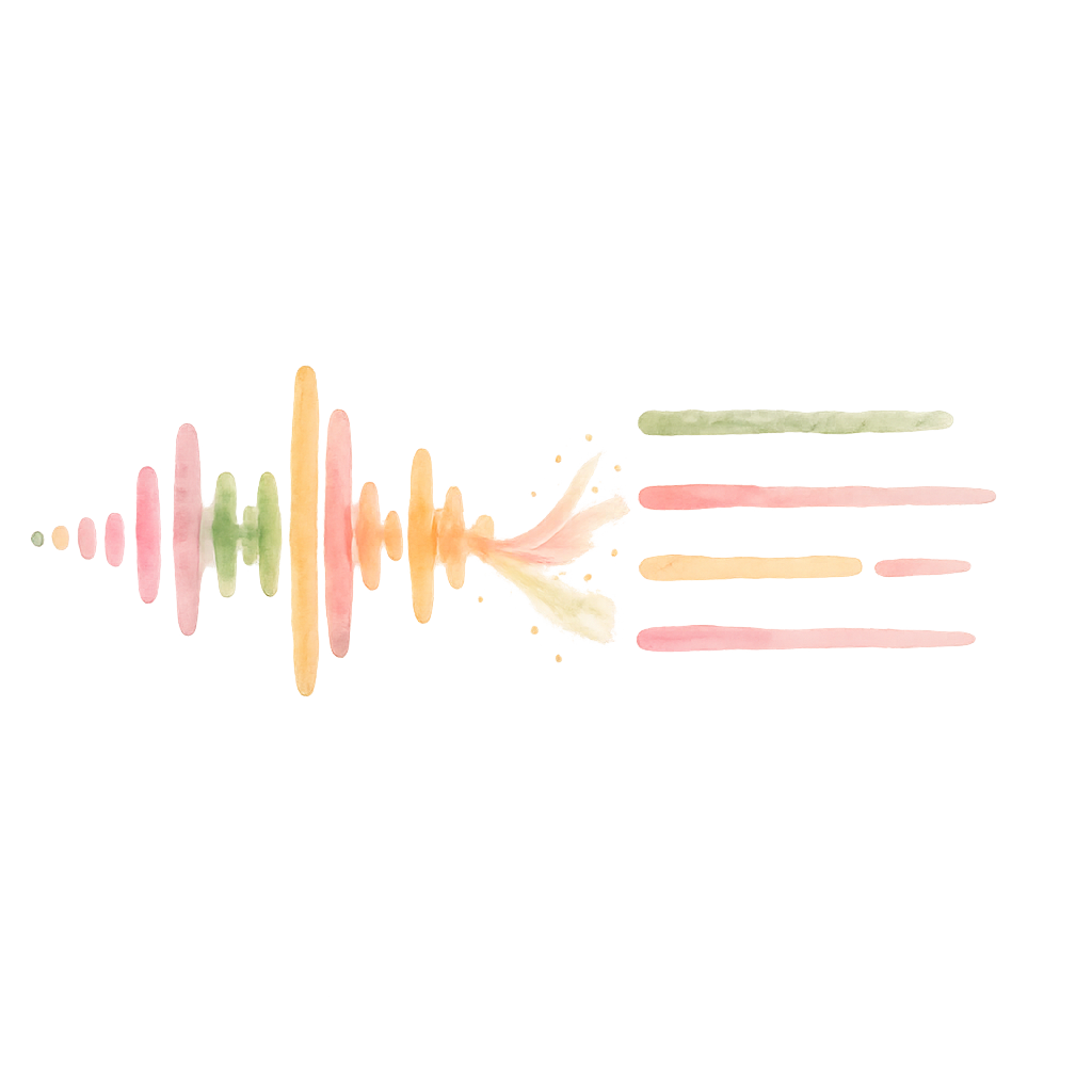 Watercolour illustration of a sound wave resolving into four written lines of text