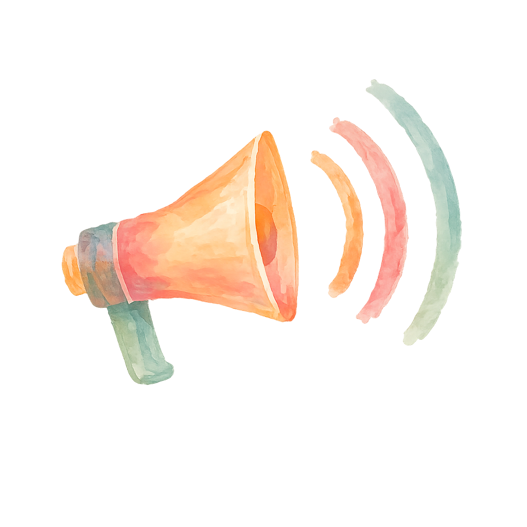 Watercolour illustration of a megaphone with sound radiating outward from it
