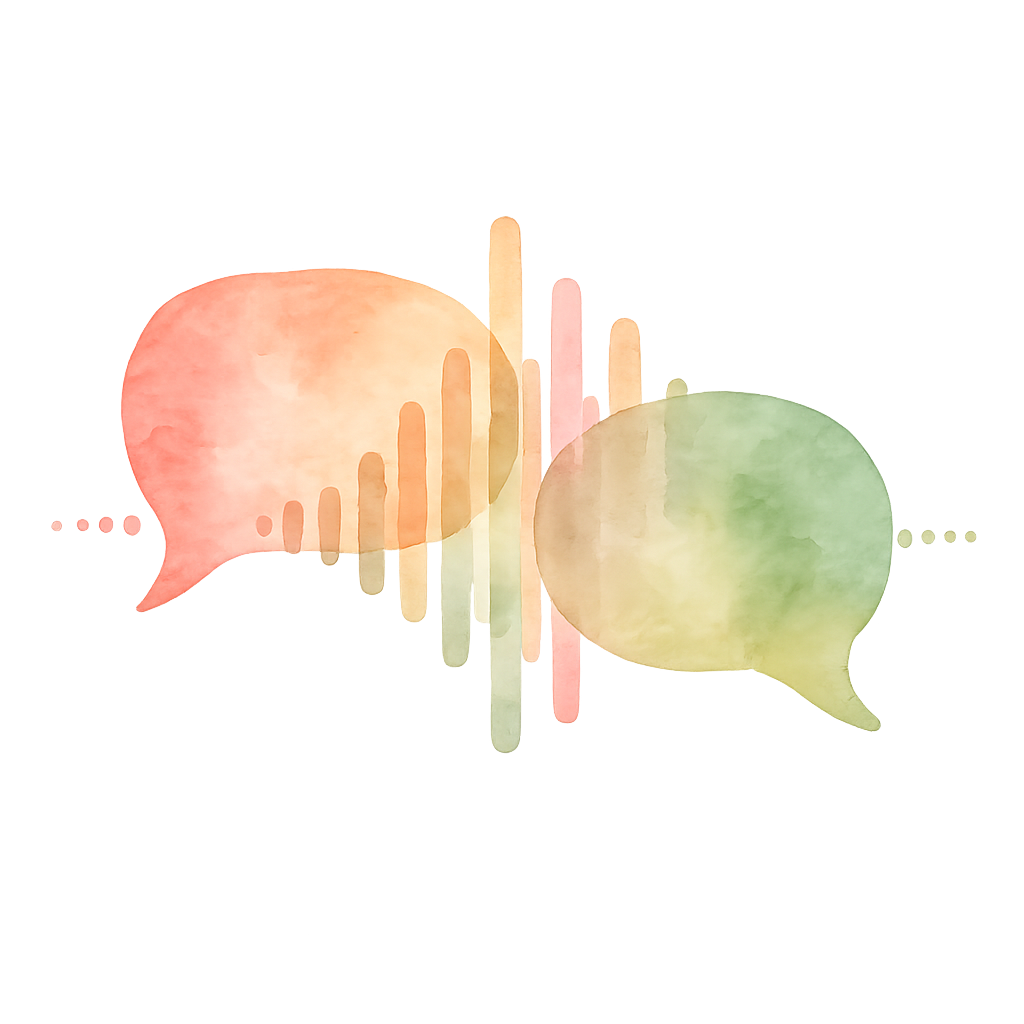 Watercolour illustration of two overlapping speech bubbles with a sound wave running between them